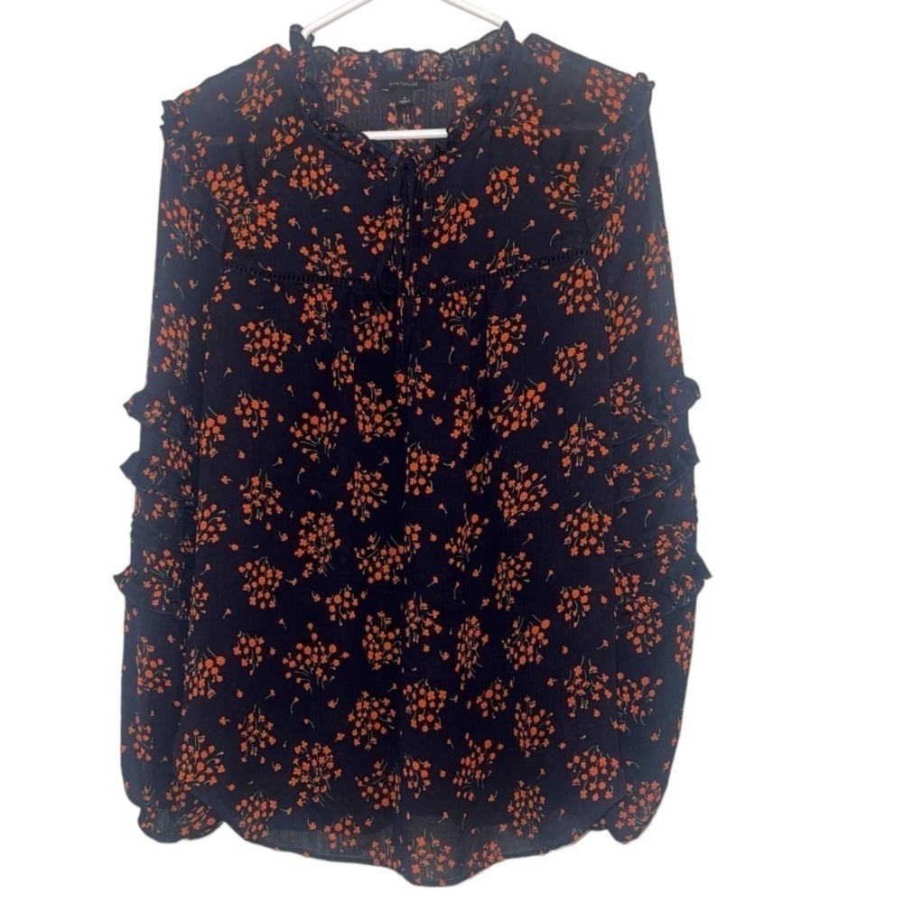 ANN TAYLOR Women's Navy Blue Orange Floral Ruffle Trim Long Sleeve top size M